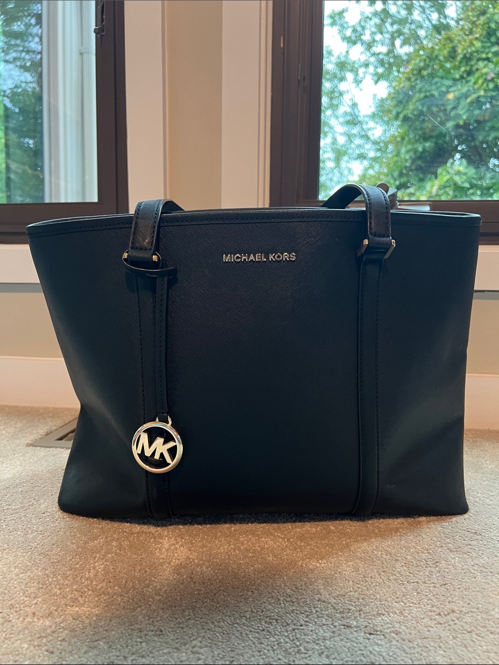 Michael Kors Black Leather Saffiano Tote with MK Charm